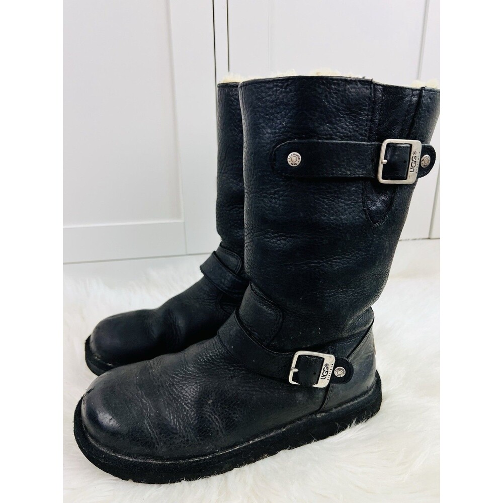 UGG Australia Kensington Black Leather Shearling Lined Biker Boots Womens Size 8